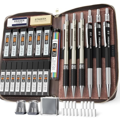 STAGEEK 30 teiliges Druckbleistift Set aus Metall mit Ledertasche 0,5/0,7/0,9/2,0mm,inkl.464 Minen(6B–4H&Farbnachfüllungen) für Skizzieren, Zeichnen & Schreiben