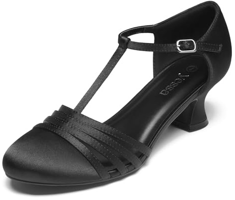 YESSA Character Shoes for Women Leather/Satin T-Strap 1920s Shoes,2/2.5 Ballroom Dance Shoes for Latin Salsa Tango Flamenco Black
