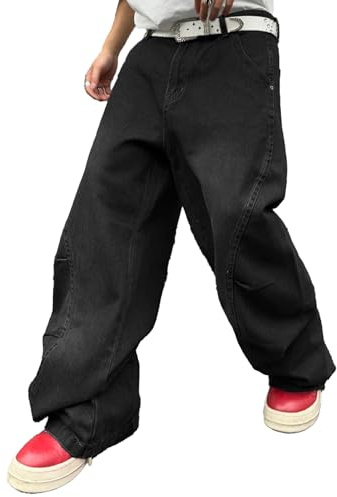 Zewool Jeans Baggy da Uomo con Cuciture Irregolari – Pantaloni in Denim Wide Leg Y2K Hip Hop Moda Casual Streetwear vestibilità Larga Gamba Dritta Fit Relaxed Skater Skateboard,A10 Nero,S
