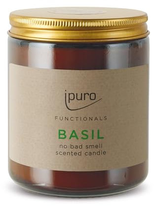 ipuro FUNCTIONALS Basil Duftkerze - Neutralisiert Küchengerüche mit Basilikum Minze & Tomatenblatt Duft - Kerze mit Ätherisches Basilikum Öl für frische Raumluft - Raumduftkerze - Duftkerzen im Glas