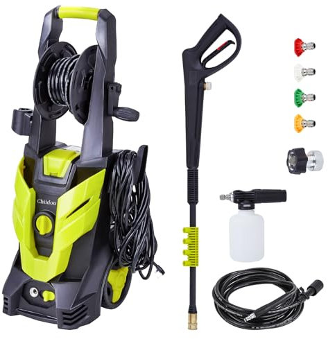 Chiidou Power Pressure Washer, 1800W 150Bar Portable Jet Wash Electric High Pressure Washer with 4 Spray Nozzles, Foam Bottle, Wheels for Car, Driveways, Patio and Garden