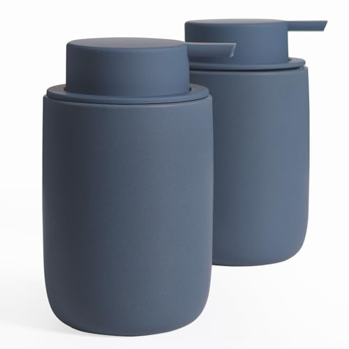 Autumnlife Keramik Seifenspender Set, 2 Stück Spülmittelspender Blau Seifenspender mit Großer Pumpe und Etikett, Nachfüllbar Dish Soap Dispenser für Küche Bad Arbeitsplatte - 350ml