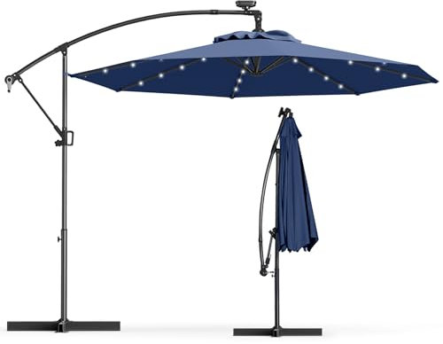 KOMFOTTEU Ombrellone LED 300 cm x 230 cm, ombrellone da giardino con manovella, ombrellone da terrazza con supporto, rotazione a 360°, ombrellone pieghevole inclinabile, ombrellone senza portaombrelli