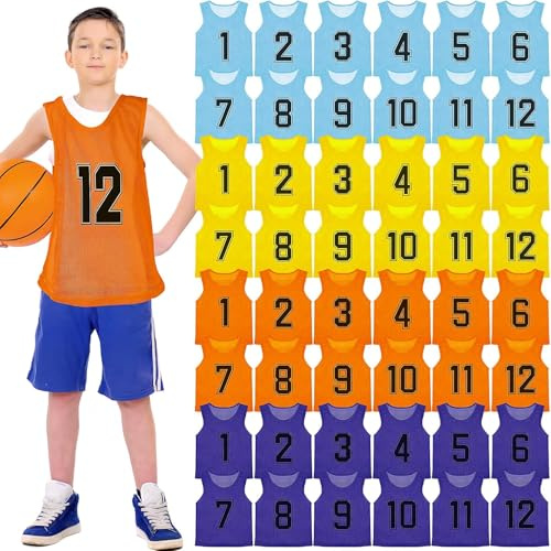 48Pcs Pinnies Sport di Squadra Gioventù Scrimmage Vest Calcio Allenamento Bavaglini Reversibili Numerati Calcio Pratica Maglie per Giovani Bambini