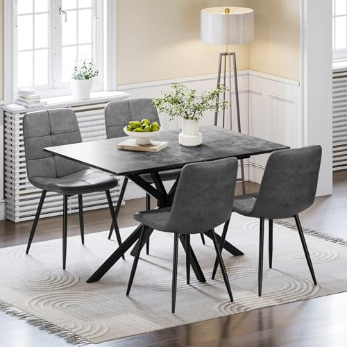 Luxstein Extendable Dining Table and Chairs Set 4, 120-160cm Concrete Effect Table with 4 Grey Upholstered PU Leather Chairs for Dining Room, Kitchen