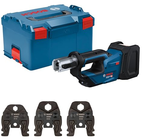 Bosch PRO 18V System Akku Presswerkzeug GPT 18V-19 (19 kN Kraft, um 360° drehbarer Kopf, inkl. Pressbacke Comp. SV15, SV22, SV28, L-BOXX)