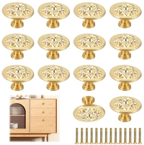 MisFun 14 st vintage möbelknoppar vrida möbelknoppar med skruvar blommönster knoppar antika runda handtag skåphandtag för skåp lådor badrumsskåp (guld)