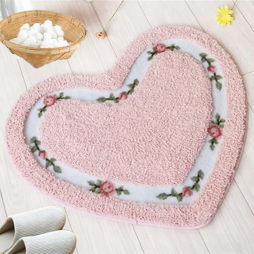 Dermalyx Tappeti da Bagno Assorbenti Porte Scorrevoli Porte Velini da Bagno Tappeto Antiscivolo, Tappeto a Forma di Cuore da Bagno Antiscivolo Tappeti Rosa 45 x 50 cm
