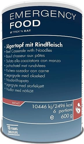 Trek’n Eat Jägertopf mit Rindfleisch und Nudeln EL – 15 Jahre haltbar, 6 gefriergetrocknete Mahlzeiten, Hoher Energiegehalt ca. 417 kcal/100g für Notvorrat, Krisenvorsorge, Outdoor & Survival Food
