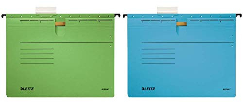 Leitz 19843055 Hängehefter Alpha, kfmit Heftung, Colorspankarton, 5 Stück, grün & 19843035 Hängehefter ALPHA kaufmännische Heftung, Colorspankarton, 5 Stück, blau