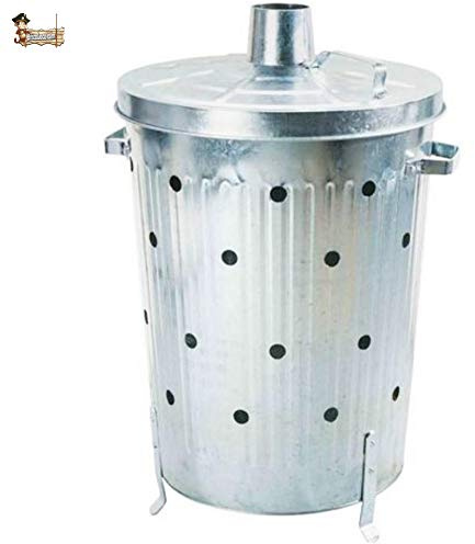 BricoLoco Cubo incinerador jardín 75 litros para Hojas, desechos y residuos. Cilíndrico. con Tapa, Asas y Patas. Acero galvanizado. Abono orgánico Ceniza.