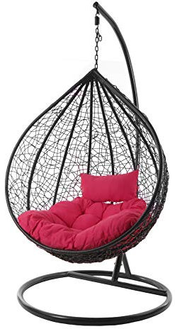 Kideo® Komplettset: XXL Hängesessel mit Gestell & Kissen, Lounge Möbel, Poly-Rattan, schwarz, edel, groß (Kissen: Chesterstepp pink (3333 hot pink))