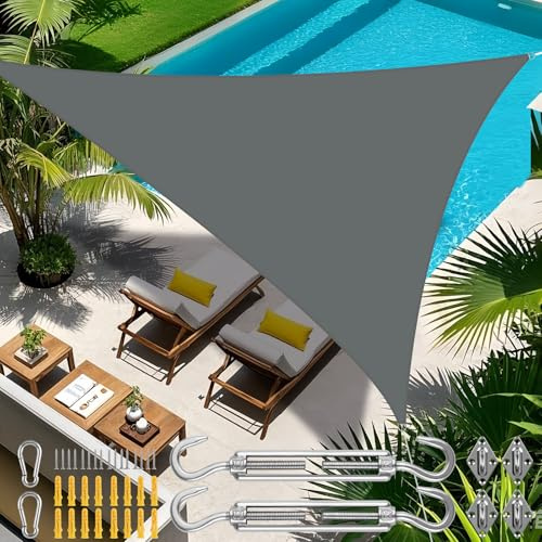 Awning Including 24 Mounting Kit, 3 x 3 x 3 m, Waterproof Sun Protection, Triangle Parasol, Outdoor Canopy, Garden, Patio, Pool Shades, Sail Awning, Camping Shade (Grey)