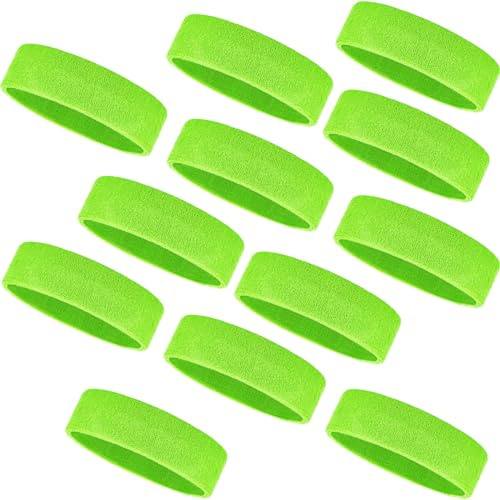 Bememo 12 Pcs Sweatbands Sport Headbands for Men & Women Basketball Headband Sport Competitions Sweat Headbands Running Terry Cloth Moisture Wicking for Yoga,Tennis,Gym,Exercise(Neon Green)