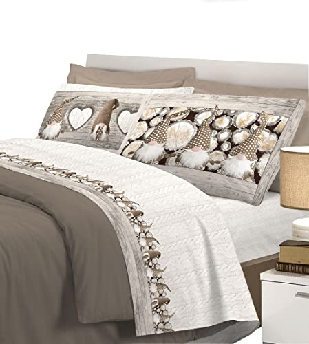 IlGruppone Completo Letto 100% Caldo Cotone di Flanella Lenzuolo sotto con Angoli + Lenzuolo sopra + Federe Linea Gnomi - Matrimoniale - Beige