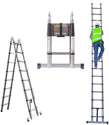 Échelles Télescopiques 5M - Alliage de Acier Inoxydable - Escabeau Télescopique Multi-Usage A-Frame - Extensible et Pliable - pour Nettoyer Les Gouttières, Décorer, Peindre Les Murs (2.5M + 2.5M)