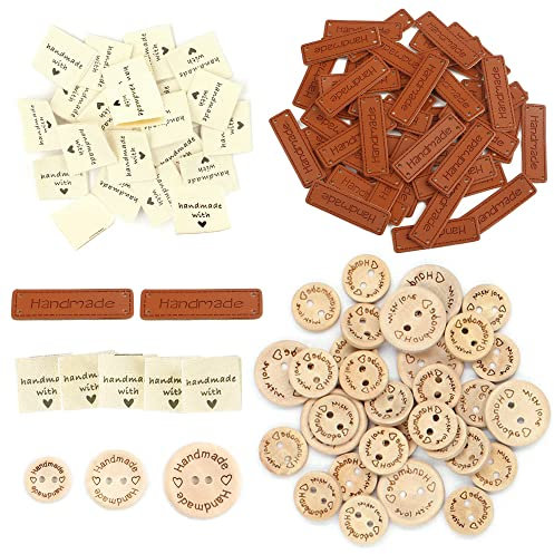 Zasvec Holzknöpfe 300 Stück Handmade Label zum Annähen Handmade Etiketten zum Annähen Textiletiketten PU Handmade Labels Handmade with Love Tags Knöpfe Leather Labels für Nähzubehör
