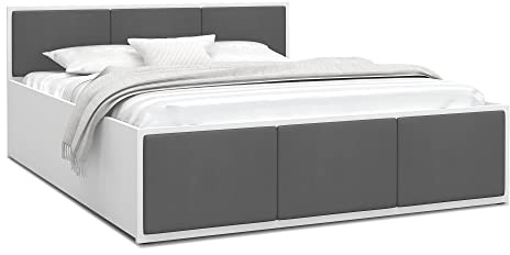 FurnitureByJDM Bett 140x200 mit Stauraum & Gepolsterte Einsätze – Doppelbett mit Bettkasten und aufklappbarem Lattenrost – Stauraumbett mit Liftfunktion - Panama (Weiß/Graphit Einsätze)