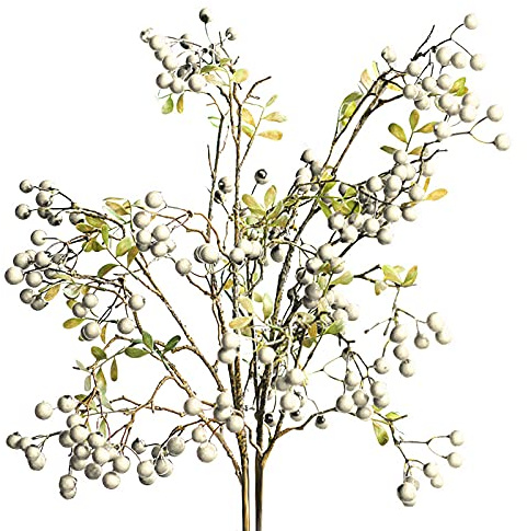 PRTECY 3/6 Pack Artificial Berry Stems 27.56 Inch Long Stem Faux Berries Plants with Green Leaves Christmas Holly Berry Picks for Christmas Tree DIY Wreath Crafts Vase Home Decor(6Pcs White)