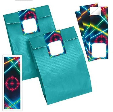 Minkocards 8 Lesezeichen + 8 Geschenktüten (Petrol) + 8 Aufkleber Lasertag Laser Tag Mitgebselset Gastgeschenke für Kindergeburtstag Jungsgeburtstag Mädchengeburtstag