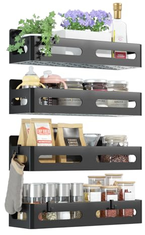 Sevenblue 4 Pack Strong Magnetic Spice Rack for Refrigerator, Multipurpose Magnetic Shelf for Fridge with 4 Hooks for Kitchen and Bathroom Organization, Black