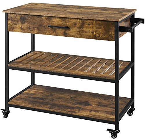 Yaheetech Servierwagen mit Schublade Küchenwagen mit 2 Ablagen Rollwagen Küchenrollwagen mit 4 Rollen Küchenregal Bewegliche Kücheninseln Beistelltisch 109,5 x 51 x 92 cm, vintagebraun