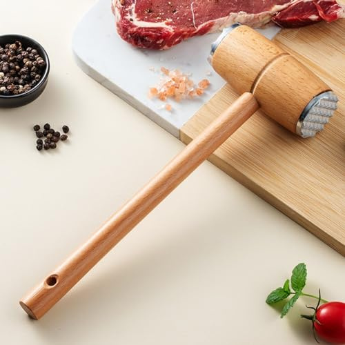 Meat Tenderizer Hammer, Metal Meat Mallet Tenderizer, Aluminum Alloy Double-Sided Meat Hammer, Wooden Handle Steak Beef Chicken Hammer