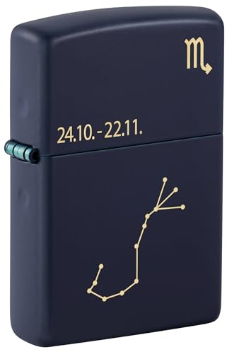 Zippo Sturmfeuerzeug - Zodiac Scorpio, Navy Matte, Laser Engrave - Nachfüllbar - Wiederverwendbar - Windfestes Design - Geschenkbox - Made in USA