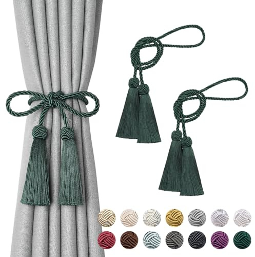Pretty Jolly 2 Stück doppelte Quaste Vorhang Raffhalter handgemachte Seil Knoten drapieren Raffhalter Krawatte zurück Elegante dekorative Vorhanghalter für Haus & Büro Fenster Draperie (Grün)