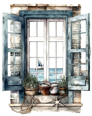 GRAZDesign Wandtattoo Fenster Maritim für Bad und Wohnzimmer, Wandsticker Watercolor Stile, Ozean Shabby Chic, in vier Größen - 57x57cm
