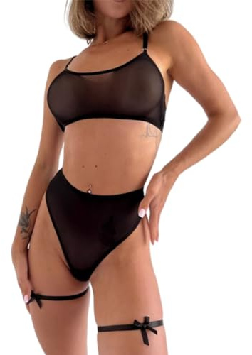 Ensemble Lingerie Femme Sexy Transparent 3 Pièces Bralette Crop Top Résille + String Brésilien + Jarretières Noeuds sous-Vêtements Tulle Sheer Confortable Nuit Noce Saint-Valentin (Noir, S)