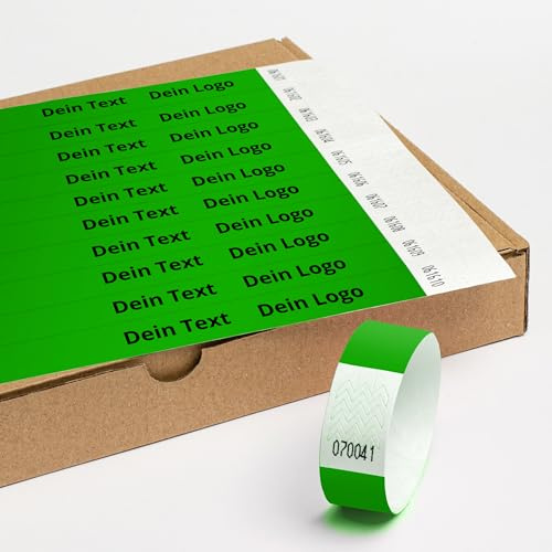 Personalisierbar Einlassbänder aus Tyvek 100 Stück - 19x255 mm Dunkelgrün | Mit Aufdruck oder Logo, Events, starke Klebstoffbindung, Antiallergen - Selbstklebend und Wasserdicht Festival Armbänder