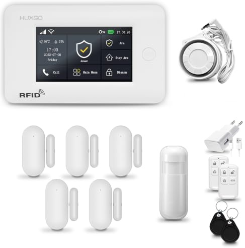 HUXGO® HXA006 Funk Alarmanlage Set WiFi + GSM mit Sirene | Alarm System mit Bewegungsmelder, 5X Tür- Fenstersensor, Fernbedienung | Smart Home Security