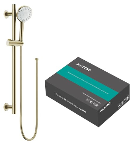 AULEEND Shower Slide Bar Handheld Shower Head with Hose, 5-Function Hand Shower with Wall Mount，shower slide bar,adjustable height shower head (A-round, Brushed Gold)