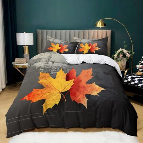 Bettbezug 155 × 220 cm, Orange Schwarz Bedruckter Bettbezug Bettwäsche Set Ahornblatt Pflanzen Bedruckter Bettbezug 1 Bettbezug Mikrofaser mit Reißverschluss und 2 Kissenbezug 80x80