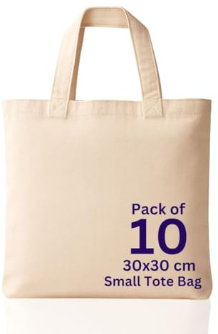 MINIMARG 100% Cotton Canvas Bags, Plain Tote Bags to Decorate, eco-friendly Canvas Reusable blank Tote Bags made with Premium Quality Fabric - Size 30x30cm+30cm Handle (Natural, Pack of 10)