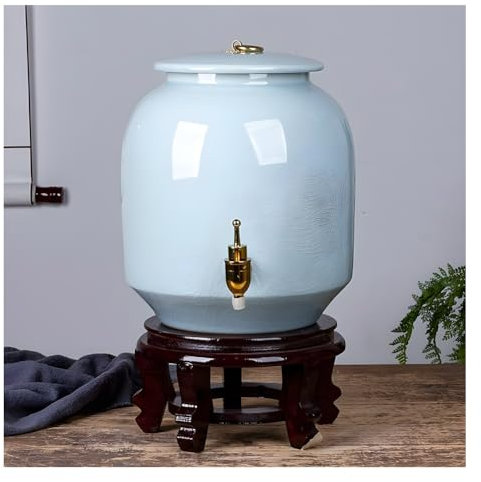 zktoermn Dispensador De Agua De Cerámica, Distribuidores De Bebidas, con Tapa Y Soporte De Madera Grifos De Latón, Leche, Fiesta, Limonada, Té De Sol, Boda(29x26 cm)
