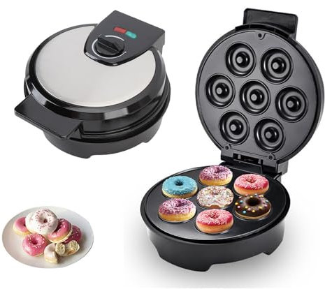 Mini Donut Maker, Recubrimiento Antiadherente Donut Maker para 7 Donuts Pequeños, Molde para Hornear Donuts de 1000W para Desayuno Casero Postres Aperitivos