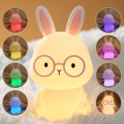 FAMIDUO Häschen Nachtlicht Kinder, Silikon Stilllicht, USB Aufladbar | BPA-Frei Touch Lampe mit 30-Min-Timer, 7 Farben Dimmbar Warmweiß, Häschen Rosa Nachtlampe, Geschenk für Babys und Kinder