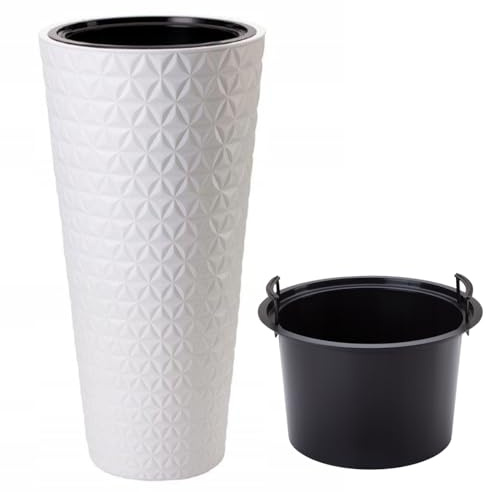 B2C Round Tall Plant Pot Elegant Large Flower Indoor Outdoor Garden Planters 3D Diamond Texture Plastic Lightweight Modern Patio Home Decoration With Insert (White, H58cm x D 29.5cm)