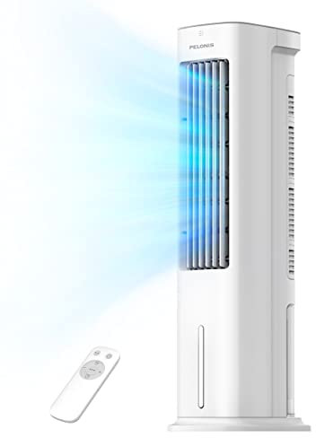 PELONIS 5L Evaporative Air Cooler with Remote, 3-in-1 Portable Cooling Tower: Fan, Humidifier & Auto-Swing, 3-Speed Cooling, 7H Timer, 2 Ice Packs for Home & Office Use