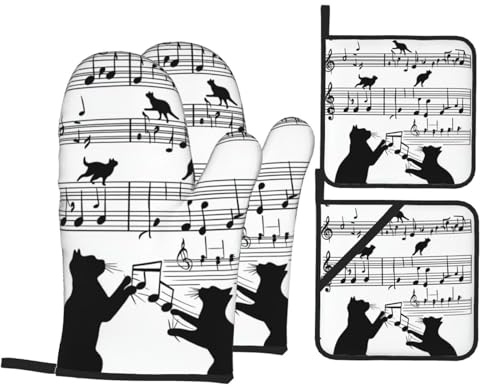Ofenhandschuhe und Topflappen, Motiv: niedliche schwarze Katze, Tiernoten, Küchen-Ofenhandschuh mit Topflappen, rutschfeste Handschuhe, hohe Hitzebeständigkeit, 500 Grad, für Grill, Backen, Kochen