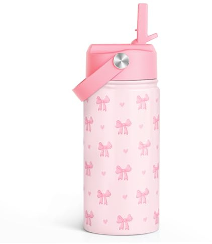 Bow Kids Water Bottle With Straw Lid 12oz Insulated Stainless Steel, Travel Tumbler, Pink Bow Gifts For Girls, Birthday, Christmas, Back To School