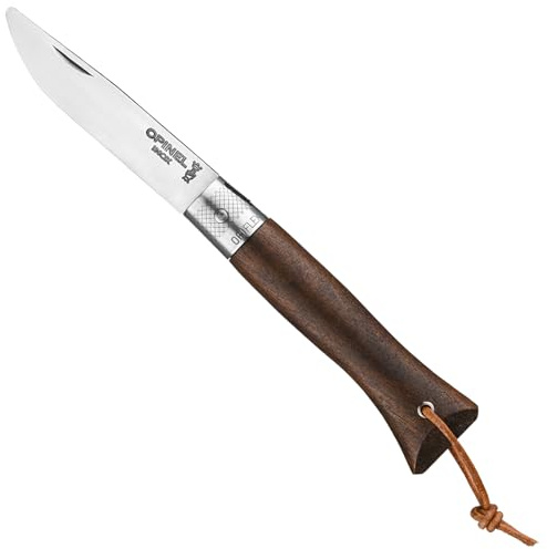 OPINEL Neo6 Opiflex Taschenmesser mit martensitischem Edelstahl, Griff aus schwarzem Nussbaum, Lederband, OPIFLEX-Mechanismus ohne Verriegelung, Klingenlänge: 7cm, 10000968, Braun