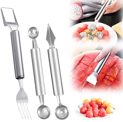 2-in-1 Stainless Steel Fruit Cutter Set, 2025 New Watermelon Fork, Multi-function Melon Cutter for Home Kitchen, Portable Fruit Slicer for Family (A)