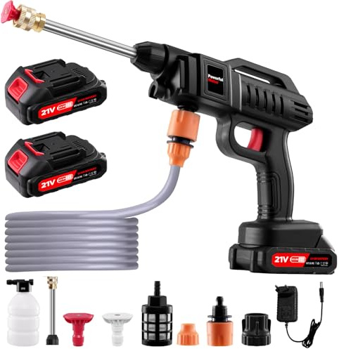 Idropulitrice portatile ad alta pressione a batteria, 21V, senza fili, per auto a mano con 2 ugelli, pulitore potente per irrigazione, pulizia, lavaggio auto, 2 batterie, 60 bar
