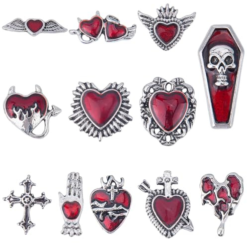 SUNNYCLUE 24 pz 12 stili Halloween Nail Charms Gotico Nail Charm Bulk Lega D'Argento Smalto Rosso Gemma Vacanza Cuori 3D Croce Teschio Lapide Cabochon per Manicure Artistiche Fai Da Te Gioielli Fornit