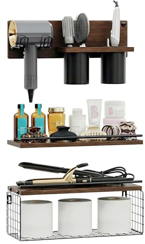 RoleDes Bathroom Floating Shelves Wall Mounted Set of 3, Bathroom Wall Shelf with Blow Dryer Holder & Hair Tool Organizer, Above Toilet Floating Shelves, Modern Farmhouse