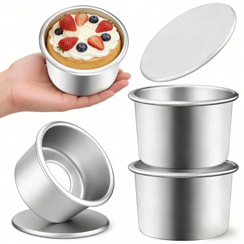 NUOBESTY 4Pcs 2-Inch Mini Cake Tins for Smash Cake & Air Fryer - Aluminum Alloy Round Baking Pans with Removable Bottom Individual Cheesecake Moulds for Baby Birthday & Portion Control (Silver)