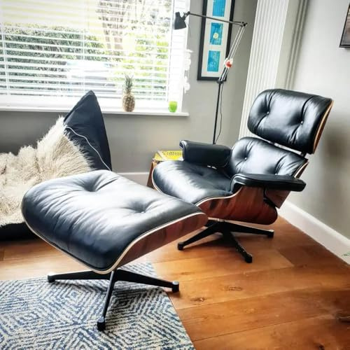 Birchhaus Echtleder-Entspannungssessel mit Fußhocker, moderner Fernsehsessel, drehbarer Chaiselongue mit Ottomane, Fester Neigungswinkel von 105°, einzigartiges Design mit gepolstertem Kissen